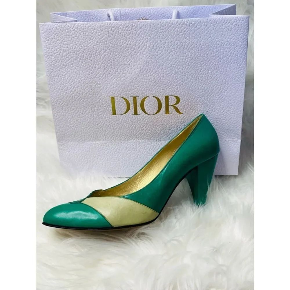 🛍️ Dior (from 1953-63) Authentic Emerald Green, Cream & Gold Color-block Pumps - Picture 13 of 16